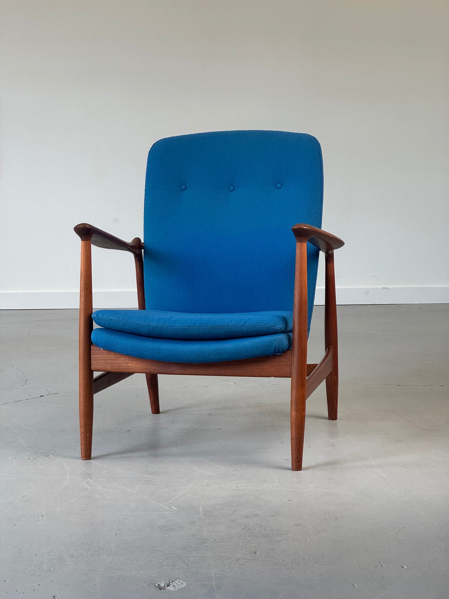 1950s BO95 Chair by Finn Juhl for Bovirke in teak and original blue wool.