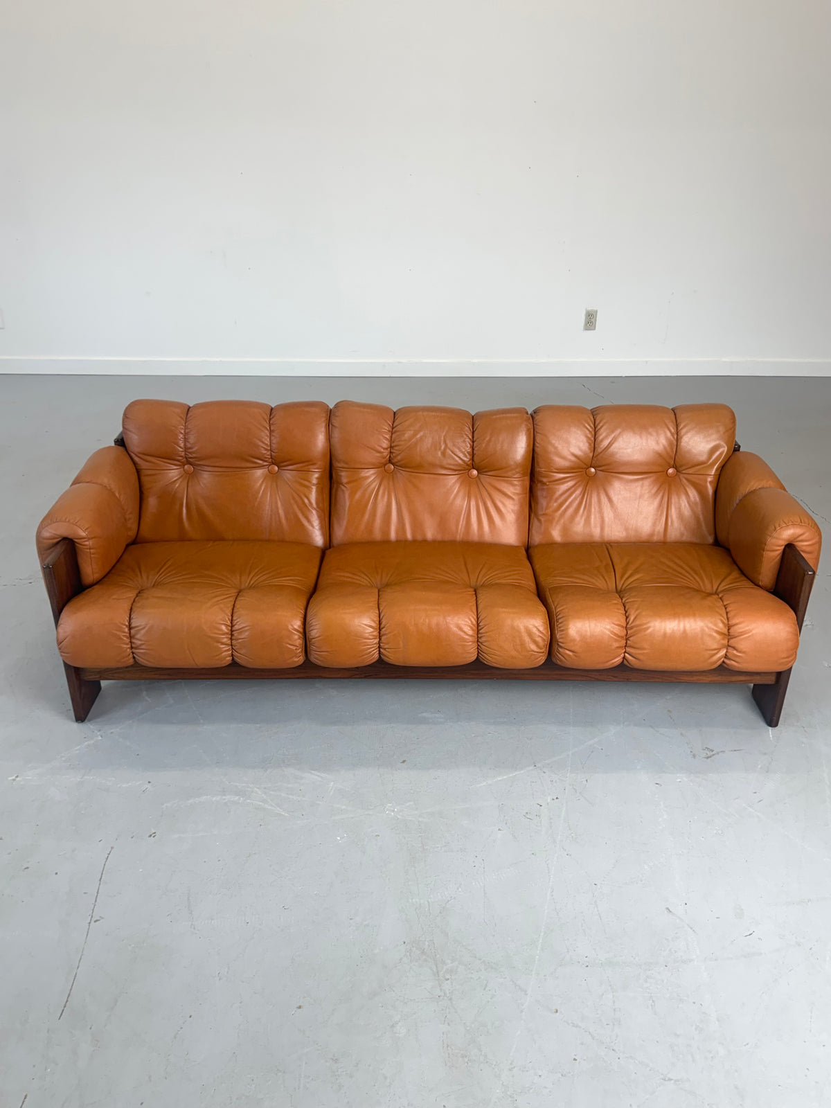 1970s Finnish Cognac Leather and Rosewood Three-Seat Sofa by Kalustekiila