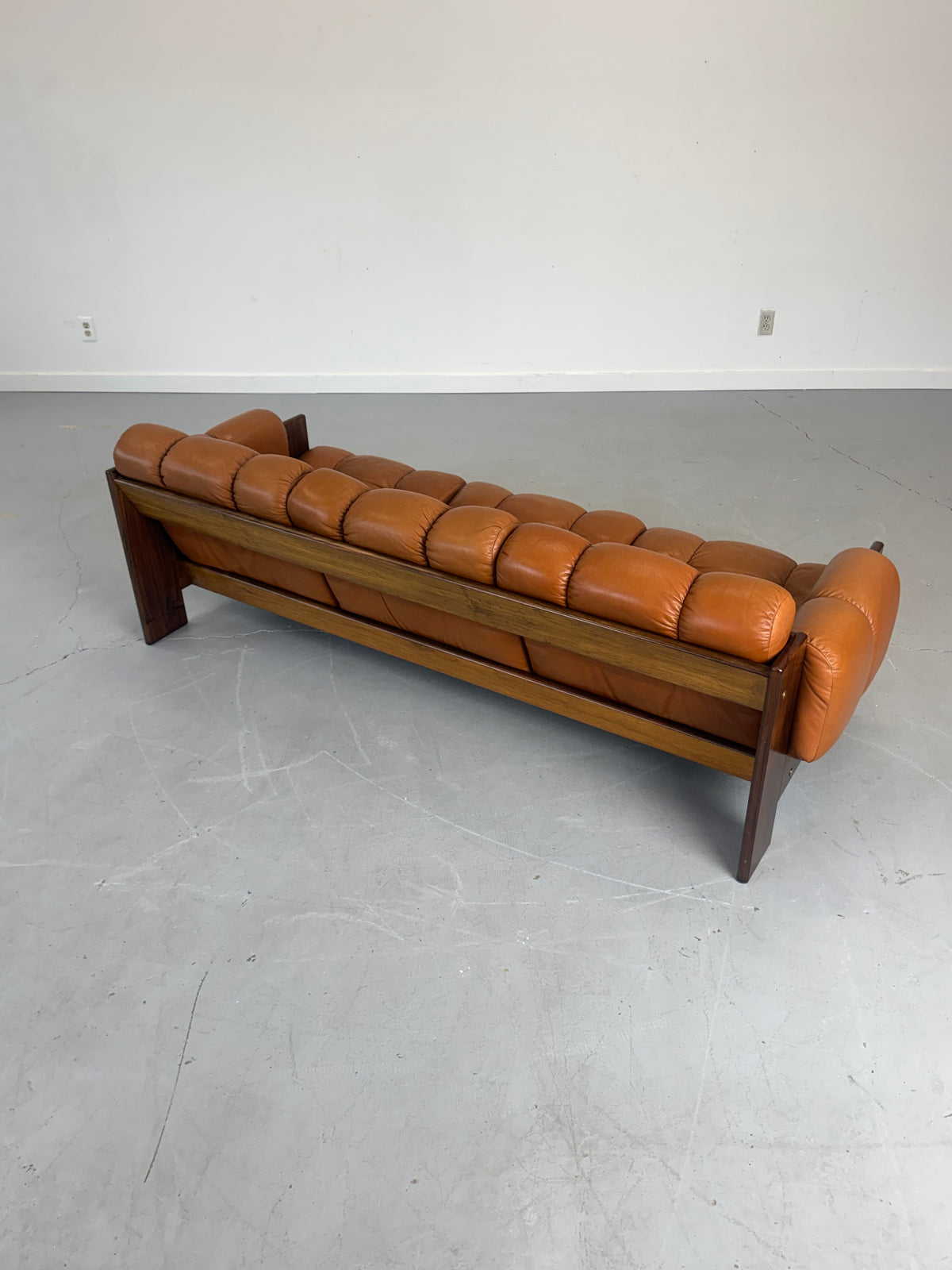 1970s Finnish Cognac Leather and Rosewood Three-Seat Sofa by Kalustekiila
