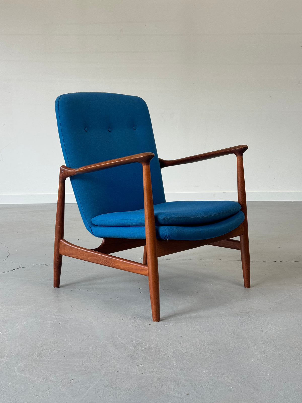 1950s BO95 Chair by Finn Juhl for Bovirke in teak and original blue wool.