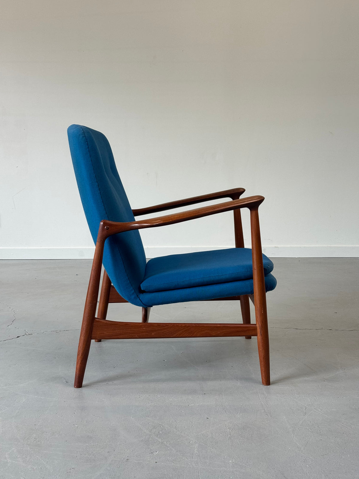 1950s BO95 Chair by Finn Juhl for Bovirke in teak and original blue wool.