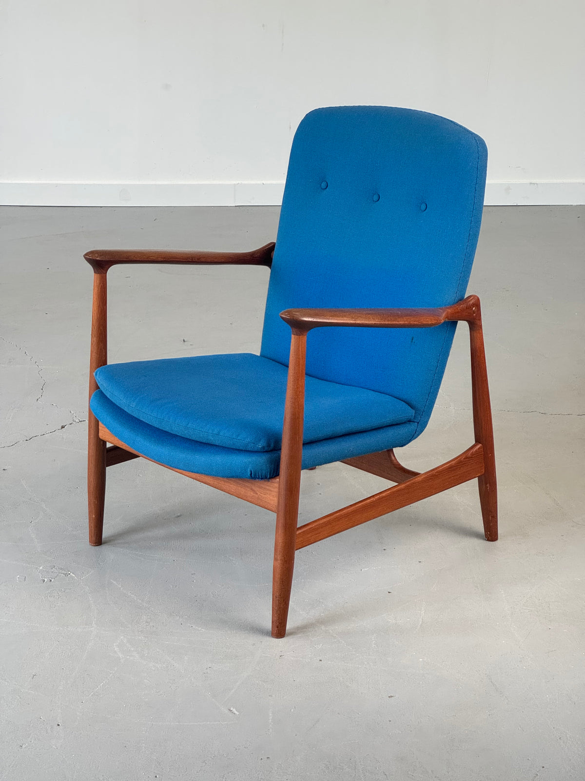 1950s BO95 Chair by Finn Juhl for Bovirke in teak and original blue wool.