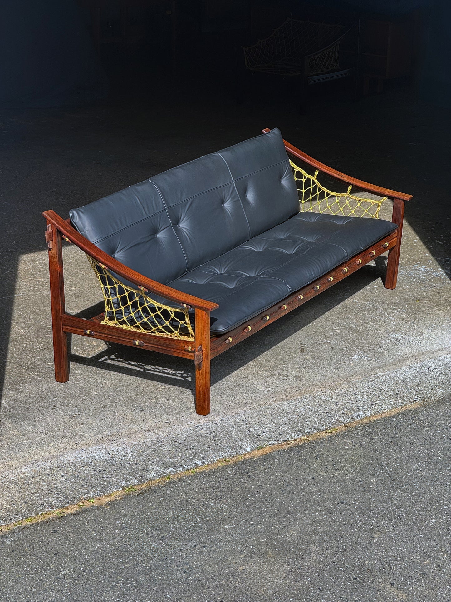 1960s Amazonas Sofa by Jean Gillon for Wood Art in rosewood and black leather