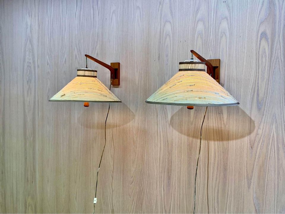 Pair of 1960s Teak and Rattan Wall Lights Lamps