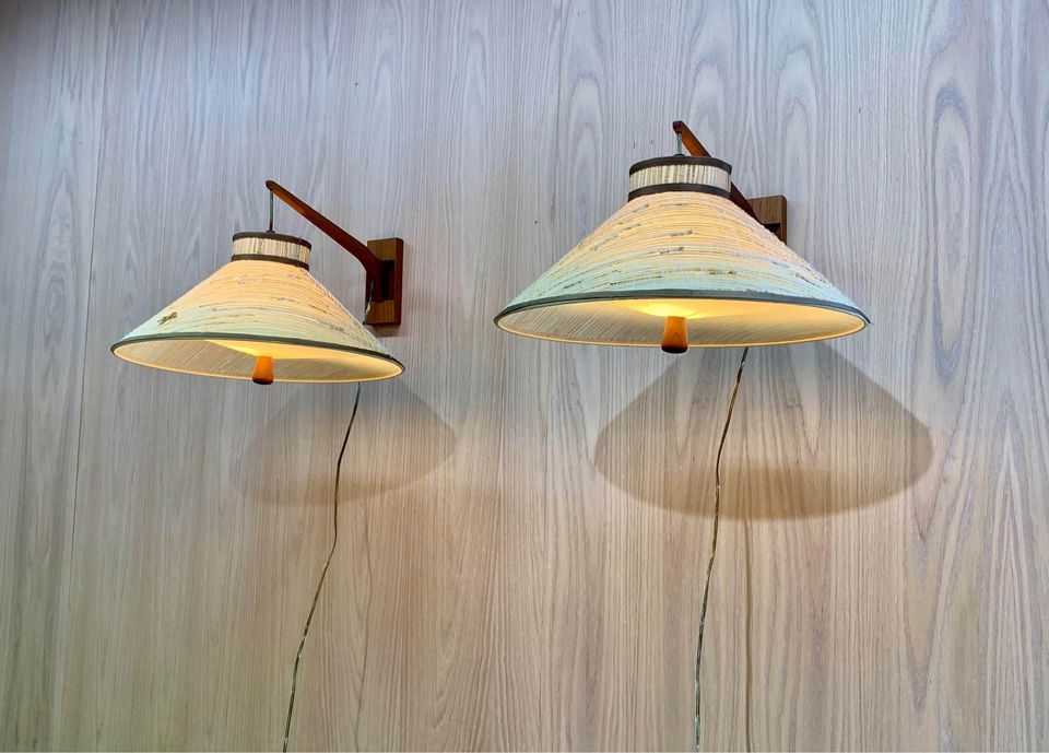 Pair of 1960s Teak and Rattan Wall Lights Lamps