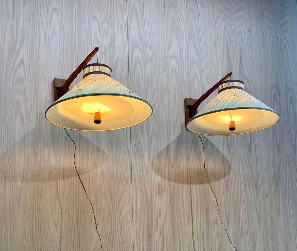 Pair of 1960s Teak and Rattan Wall Lights Lamps