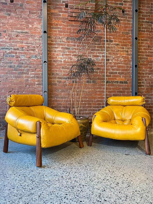 Pair of 1970s Brazilian Wood and Leather MP81 Chairs by Percival Lafer