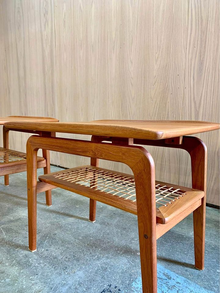 Pair of 1960s Teak and Cane Side  End Table