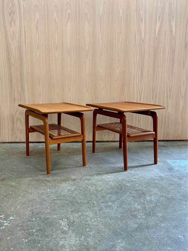 Pair of 1960s Teak and Cane Side  End Table