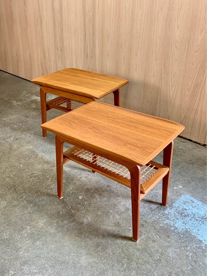 Pair of 1960s Teak and Cane Side  End Table