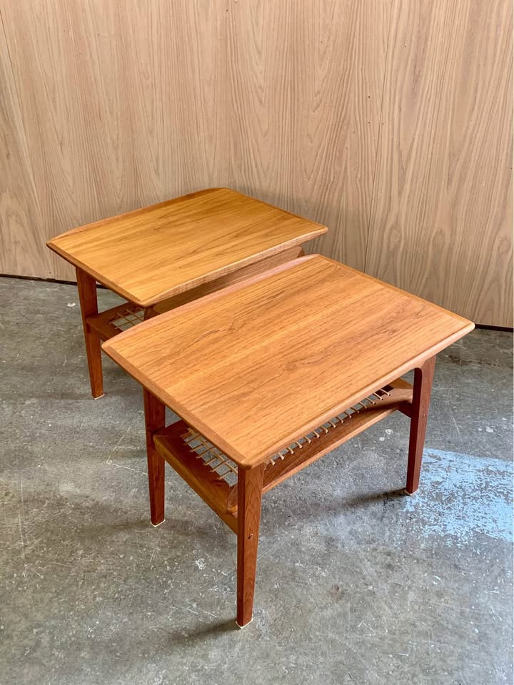 Pair of 1960s Teak and Cane Side  End Table