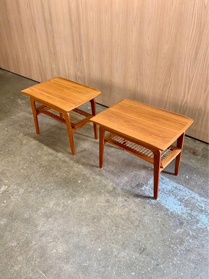 Pair of 1960s Teak and Cane Side  End Table