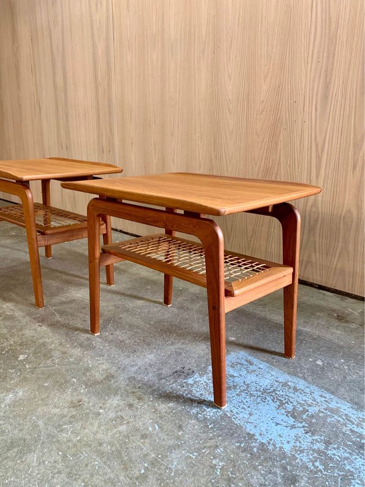 Pair of 1960s Teak and Cane Side  End Table