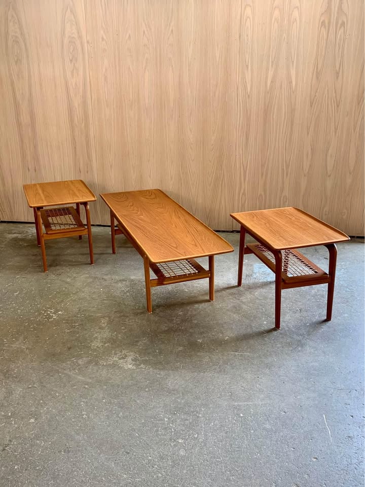 Pair of 1960s Teak and Cane Side  End Table