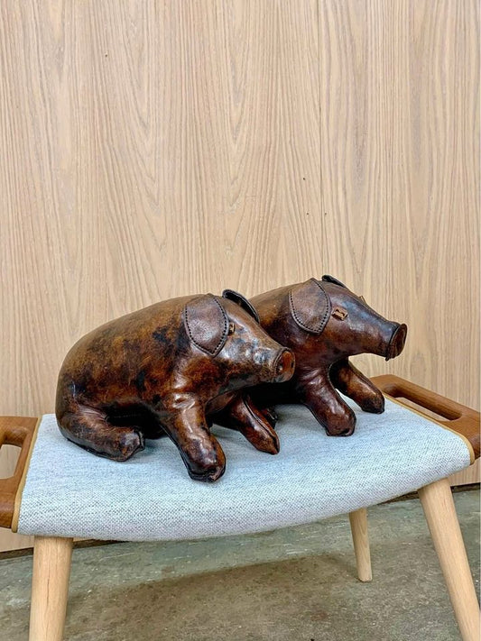 Pair of 1980s Leather Decorative Pigs by Jancraft