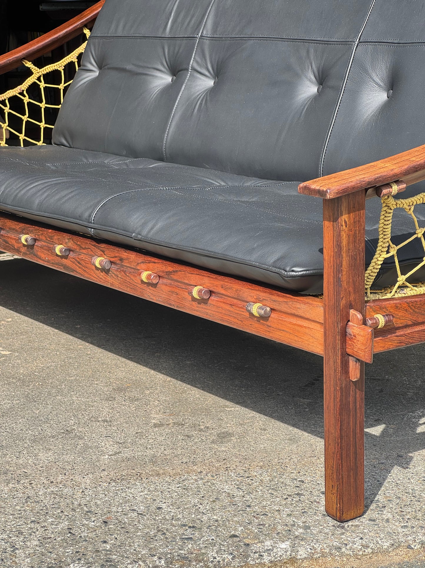 1960s Amazonas Sofa by Jean Gillon for Wood Art in rosewood and black leather