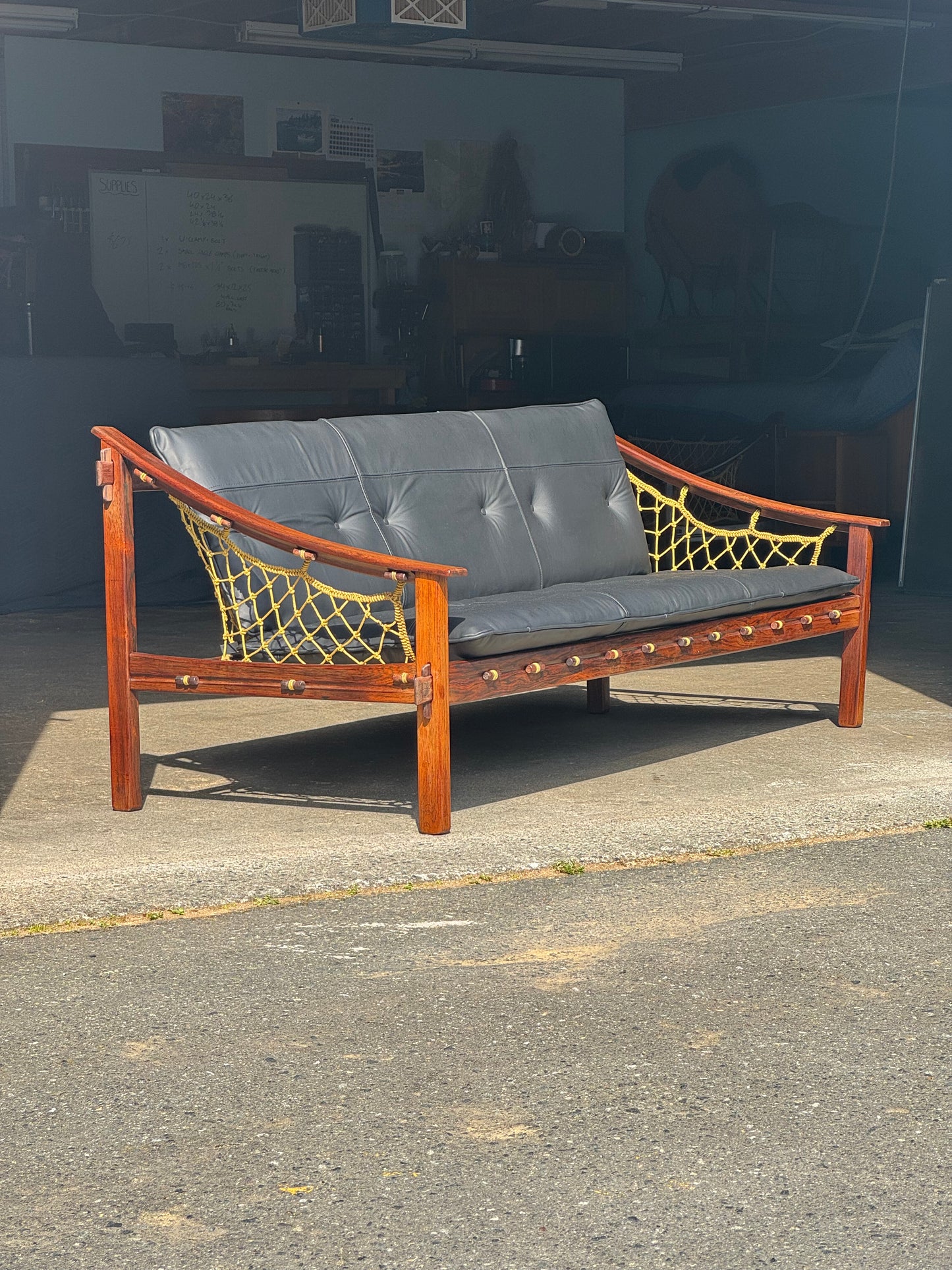 1960s Amazonas Sofa by Jean Gillon for Wood Art in rosewood and black leather