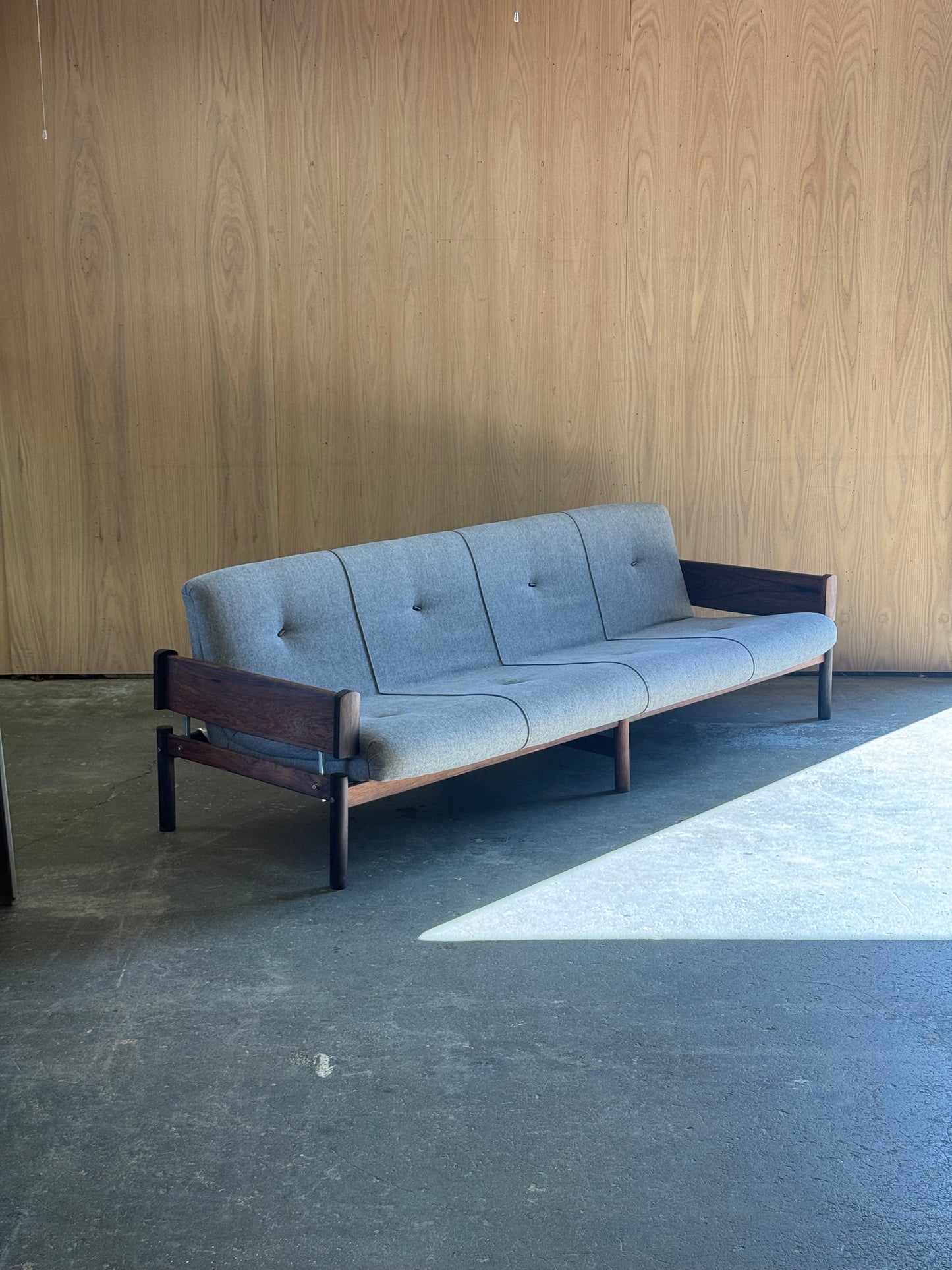 1960s MP 13 Sofa by Percival Lafer in Brazilian rosewood and grey fabric