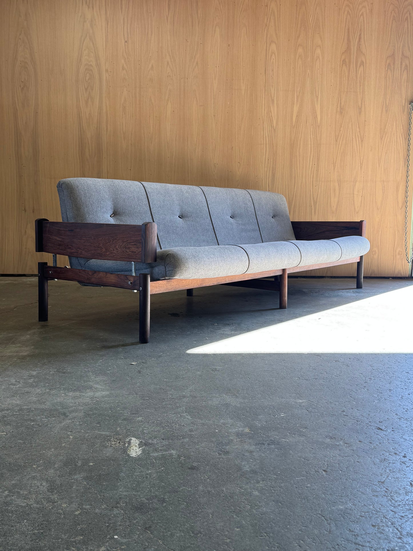 1960s MP 13 Sofa by Percival Lafer in Brazilian rosewood and grey fabric