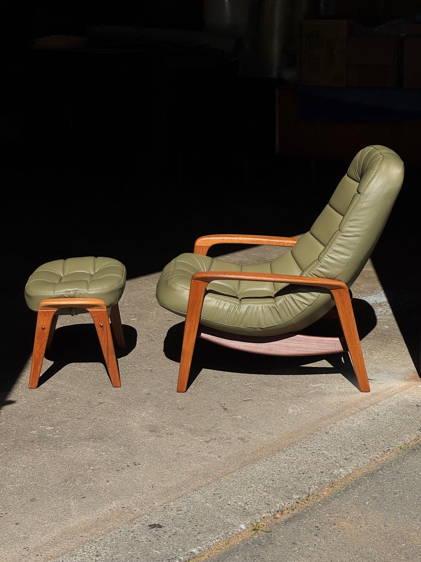 1960s Scoop Chair and Ottoman by R Huber in teak and green leather