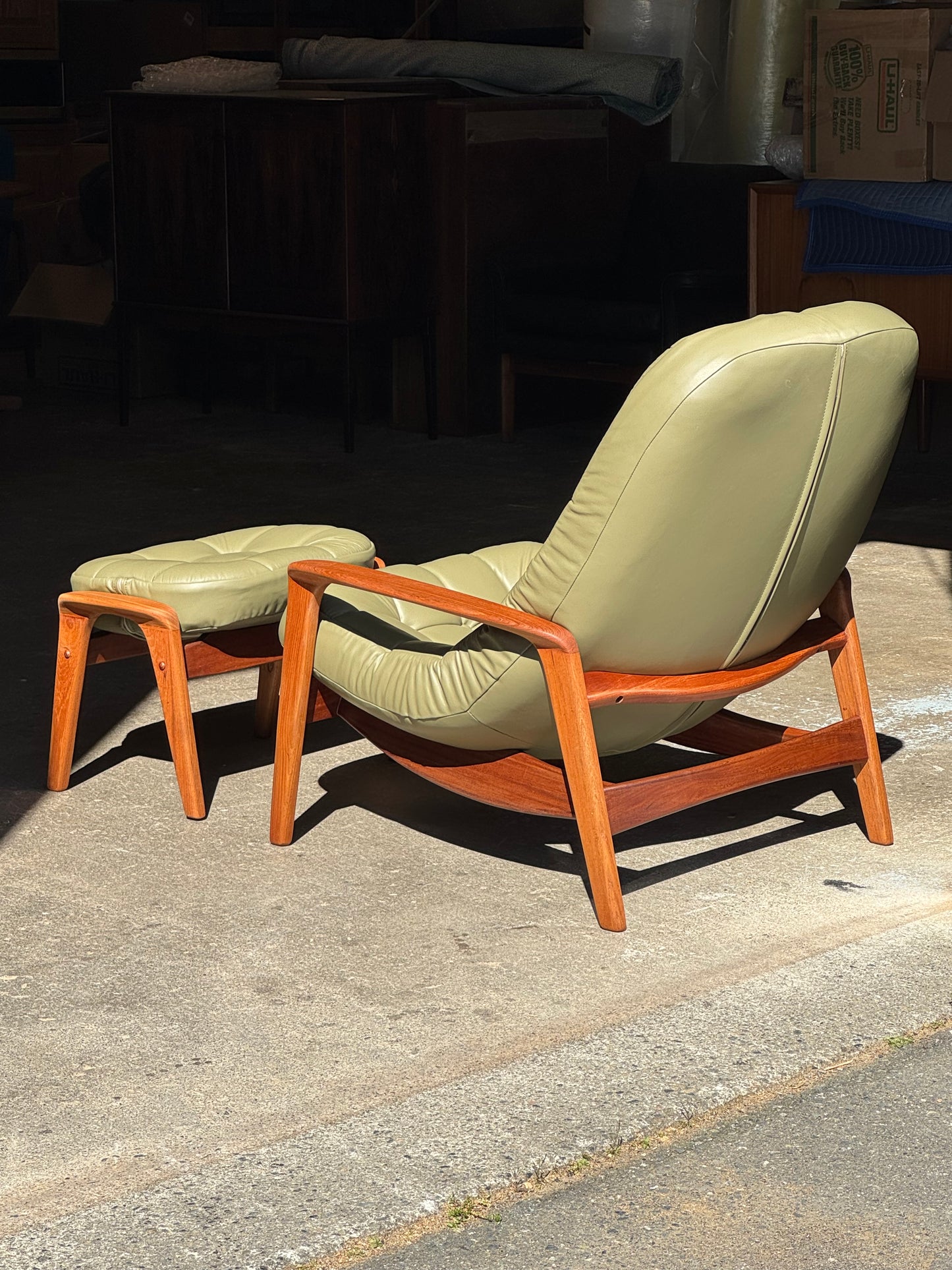 1960s Scoop Chair and Ottoman by R Huber in teak and green leather
