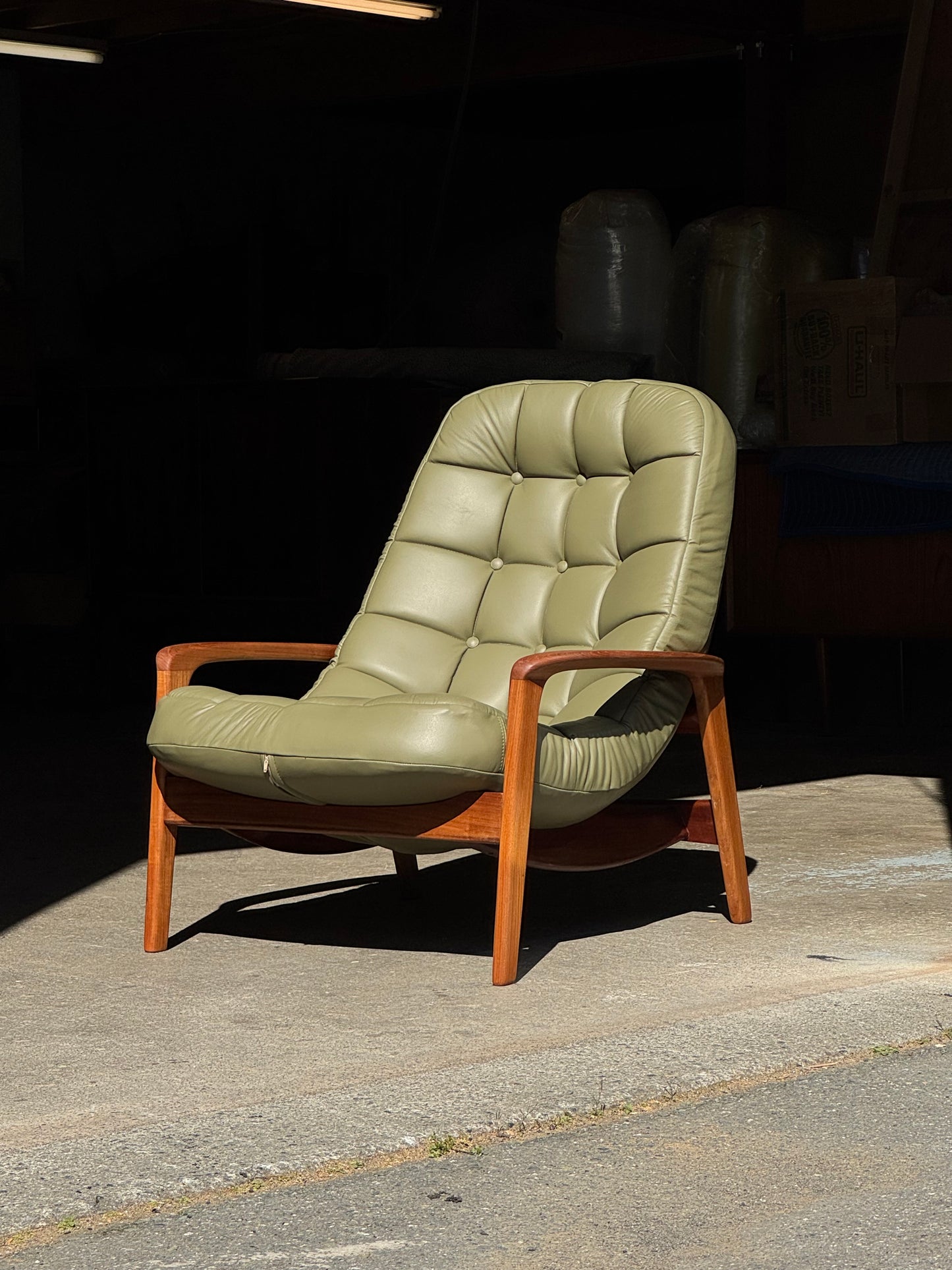 1960s Scoop Chair and Ottoman by R Huber in teak and green leather