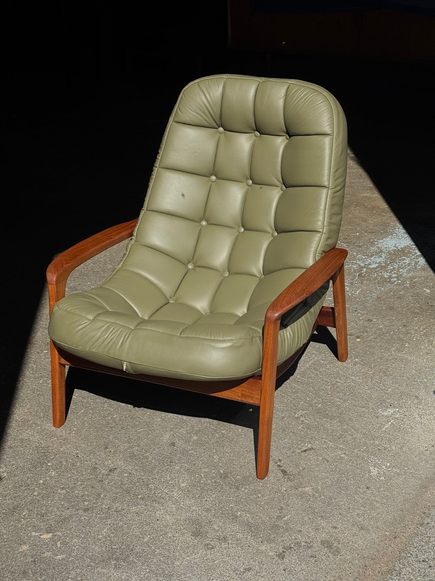 1960s Scoop Chair and Ottoman by R Huber in teak and green leather