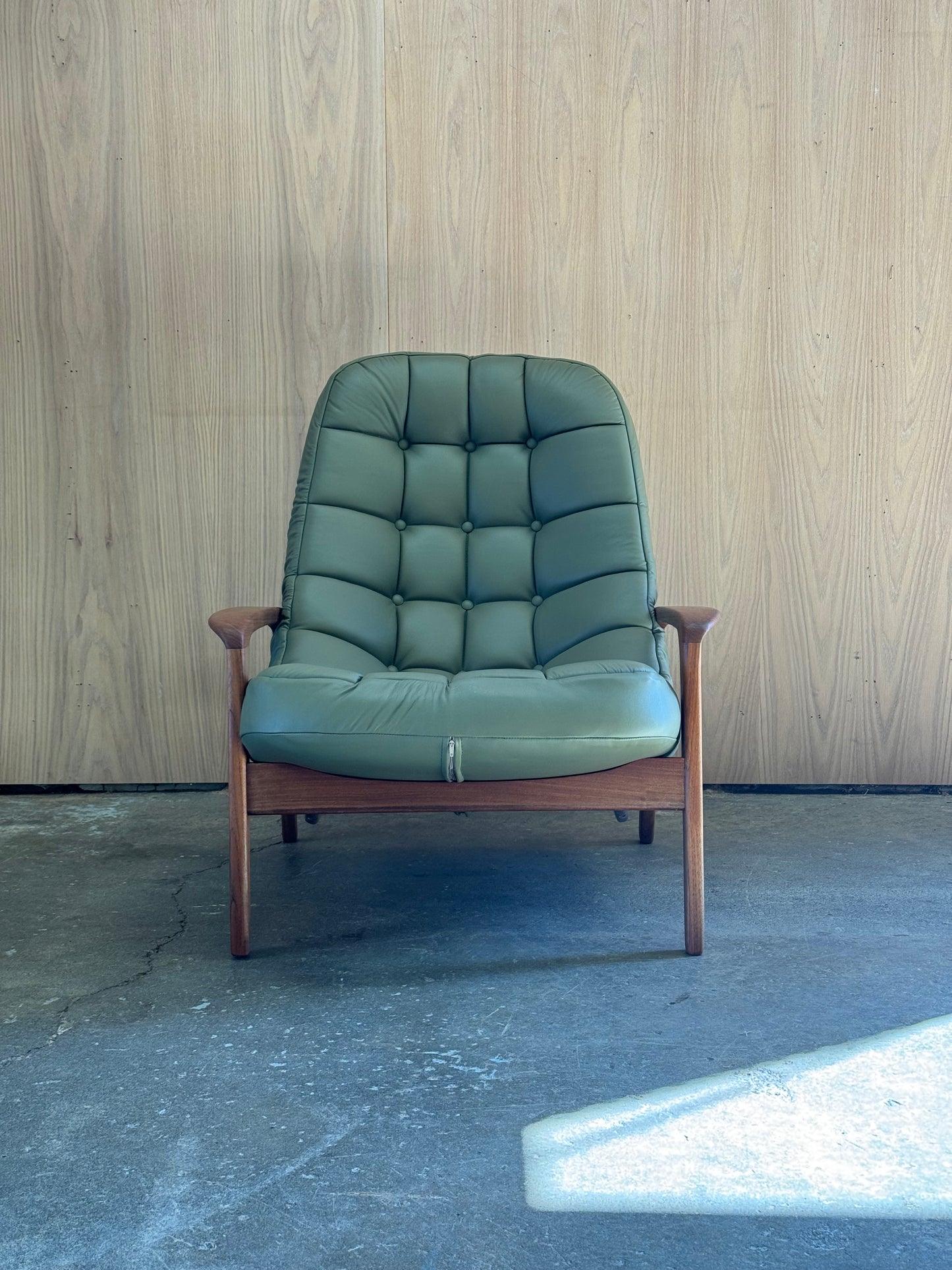 1960s Scoop Chair and Ottoman by R Huber in teak and green leather