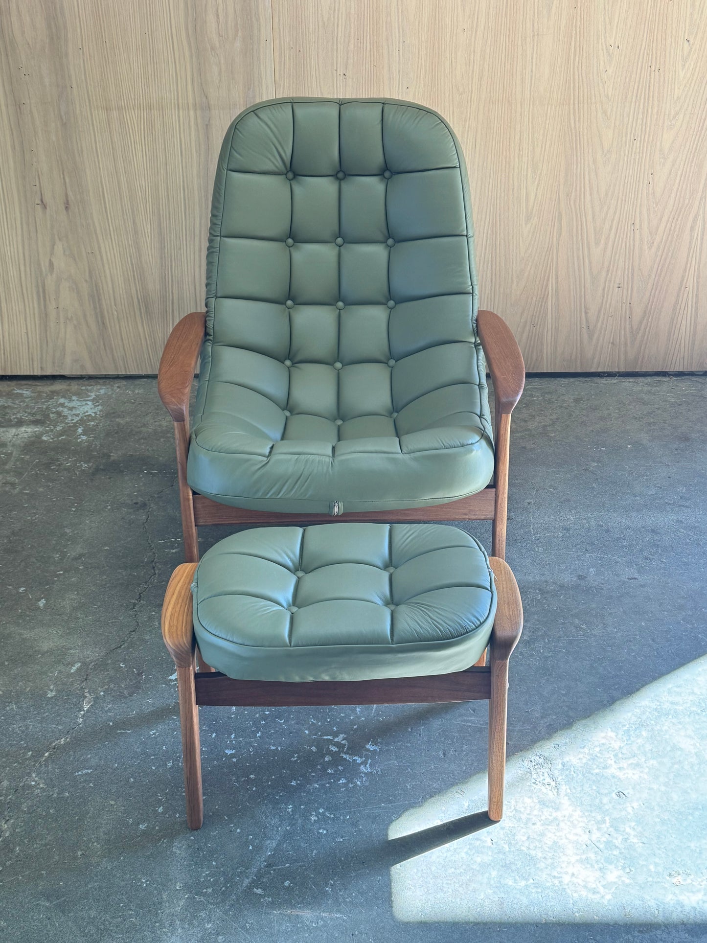 1960s Scoop Chair and Ottoman by R Huber in teak and green leather