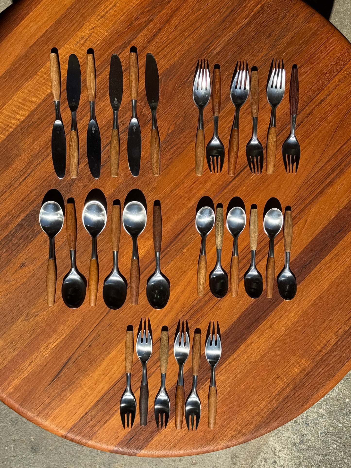 1950s Fjord Flatware by Jens Quistgaard for Dansk in teak and stainless steel