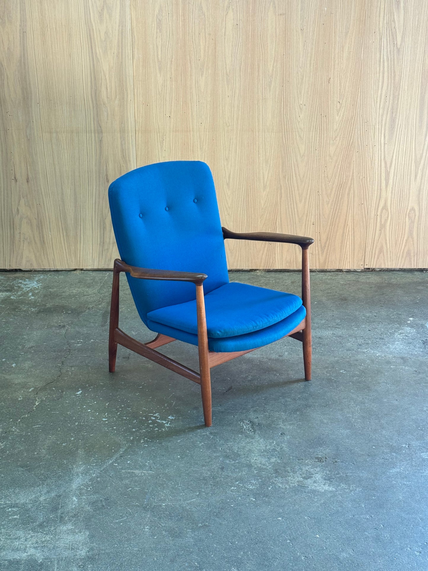 1950s BO98 Chair by Finn Juhl for Bovirke in teak and blue wool