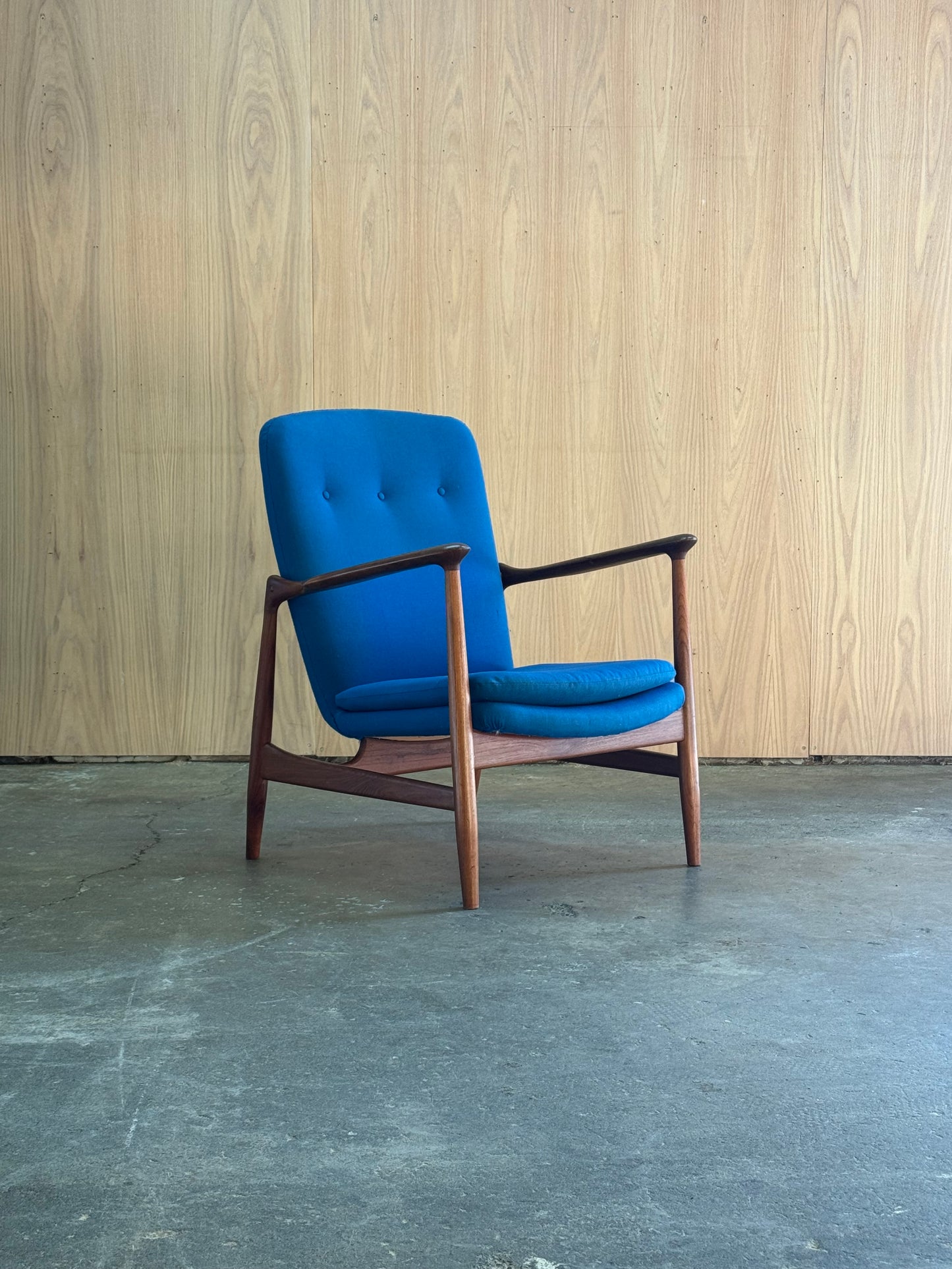 1950s BO98 Chair by Finn Juhl for Bovirke in teak and blue wool