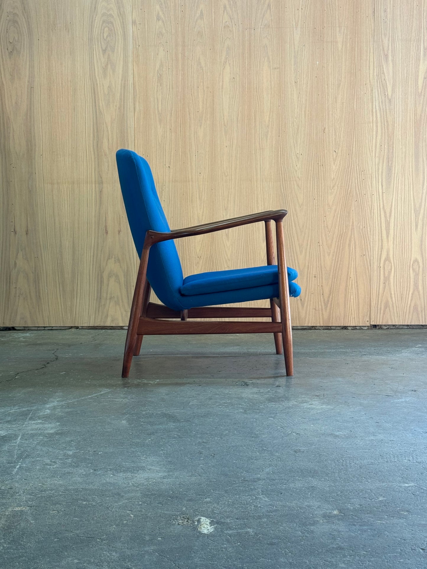1950s BO98 Chair by Finn Juhl for Bovirke in teak and blue wool