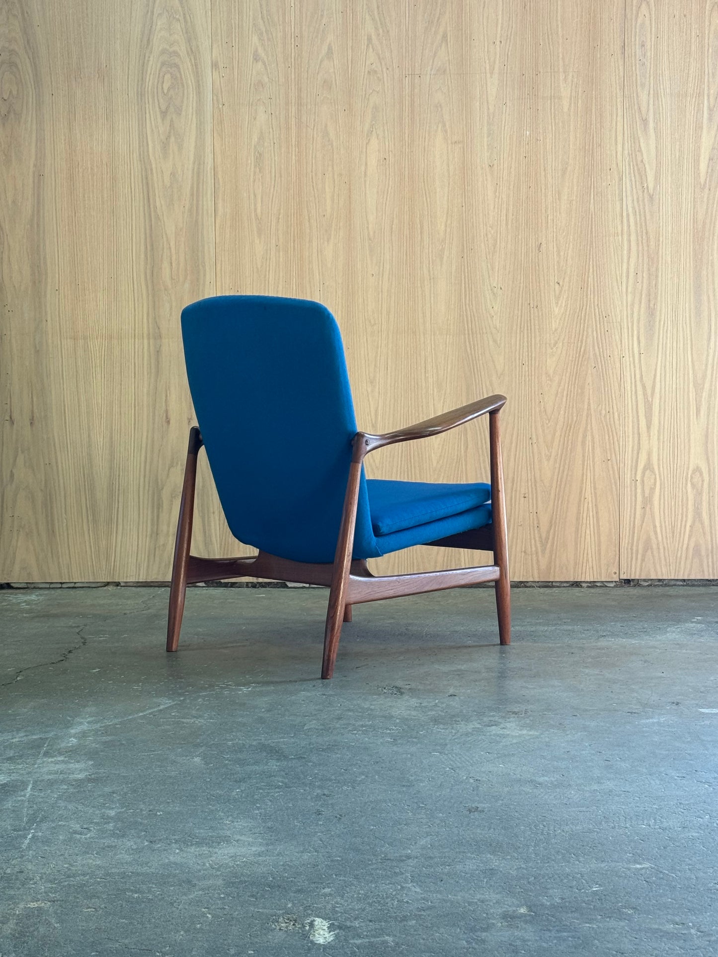 1950s BO98 Chair by Finn Juhl for Bovirke in teak and blue wool