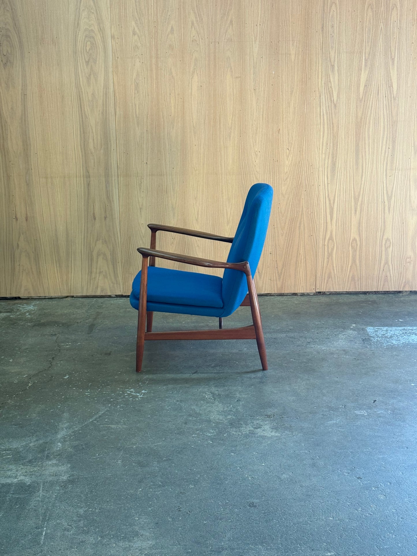 1950s BO98 Chair by Finn Juhl for Bovirke in teak and blue wool