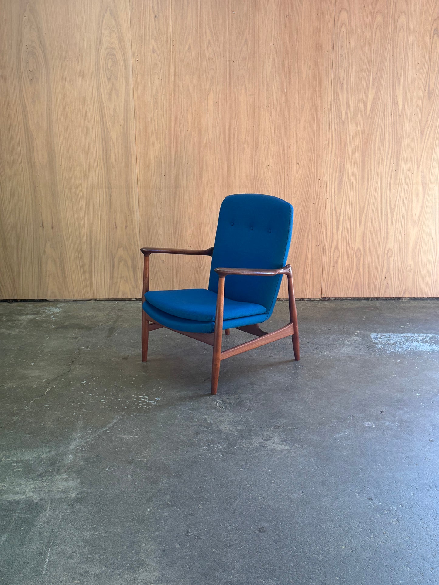 1950s BO98 Chair by Finn Juhl for Bovirke in teak and blue wool
