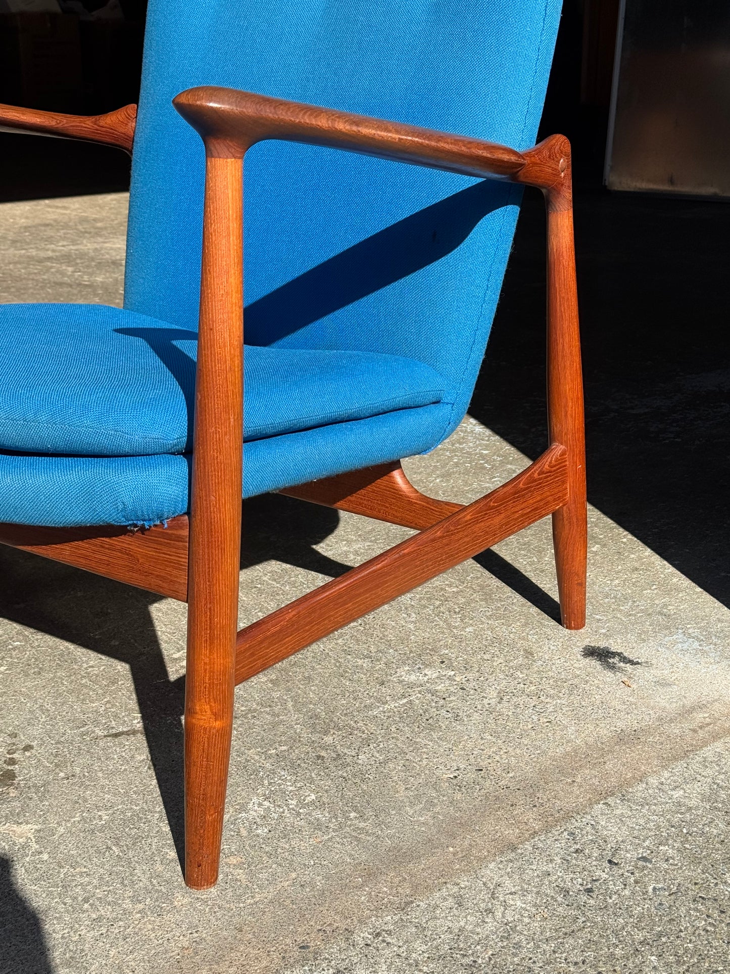 1950s BO98 Chair by Finn Juhl for Bovirke in teak and blue wool