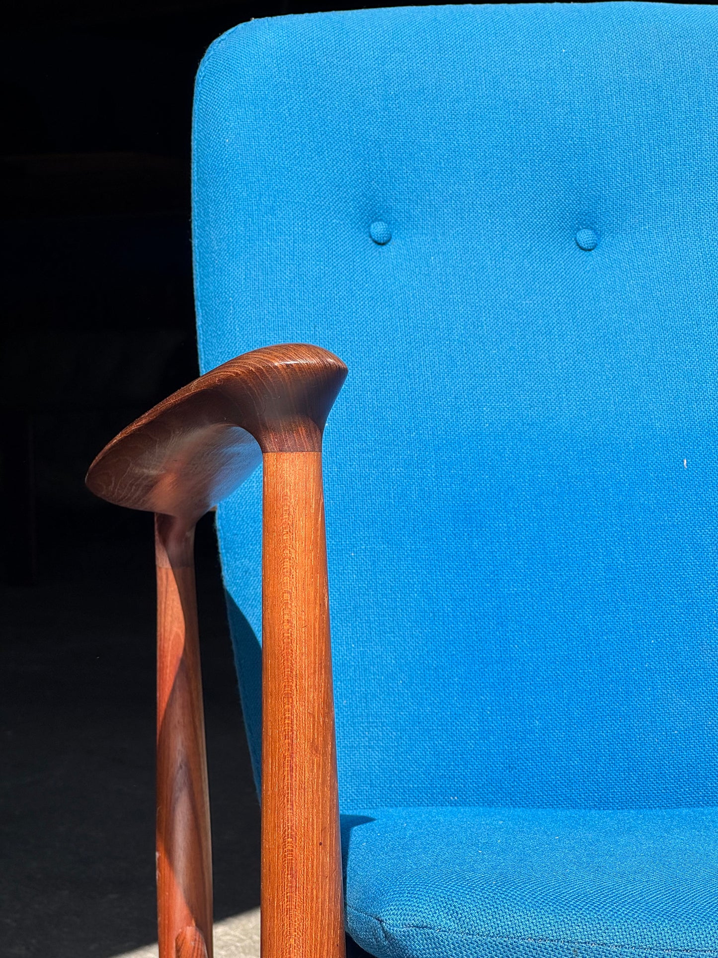 1950s BO98 Chair by Finn Juhl for Bovirke in teak and blue wool