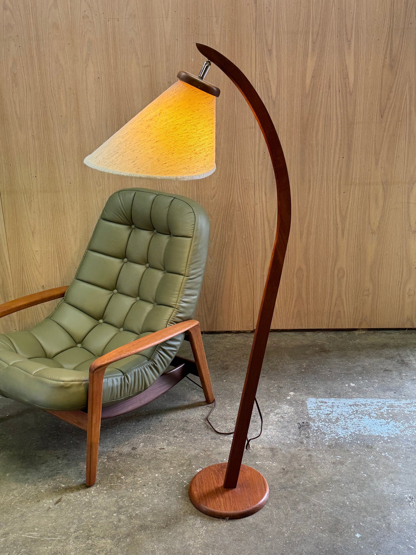 1960s Arc Floor Lamp in teak and fabric shade