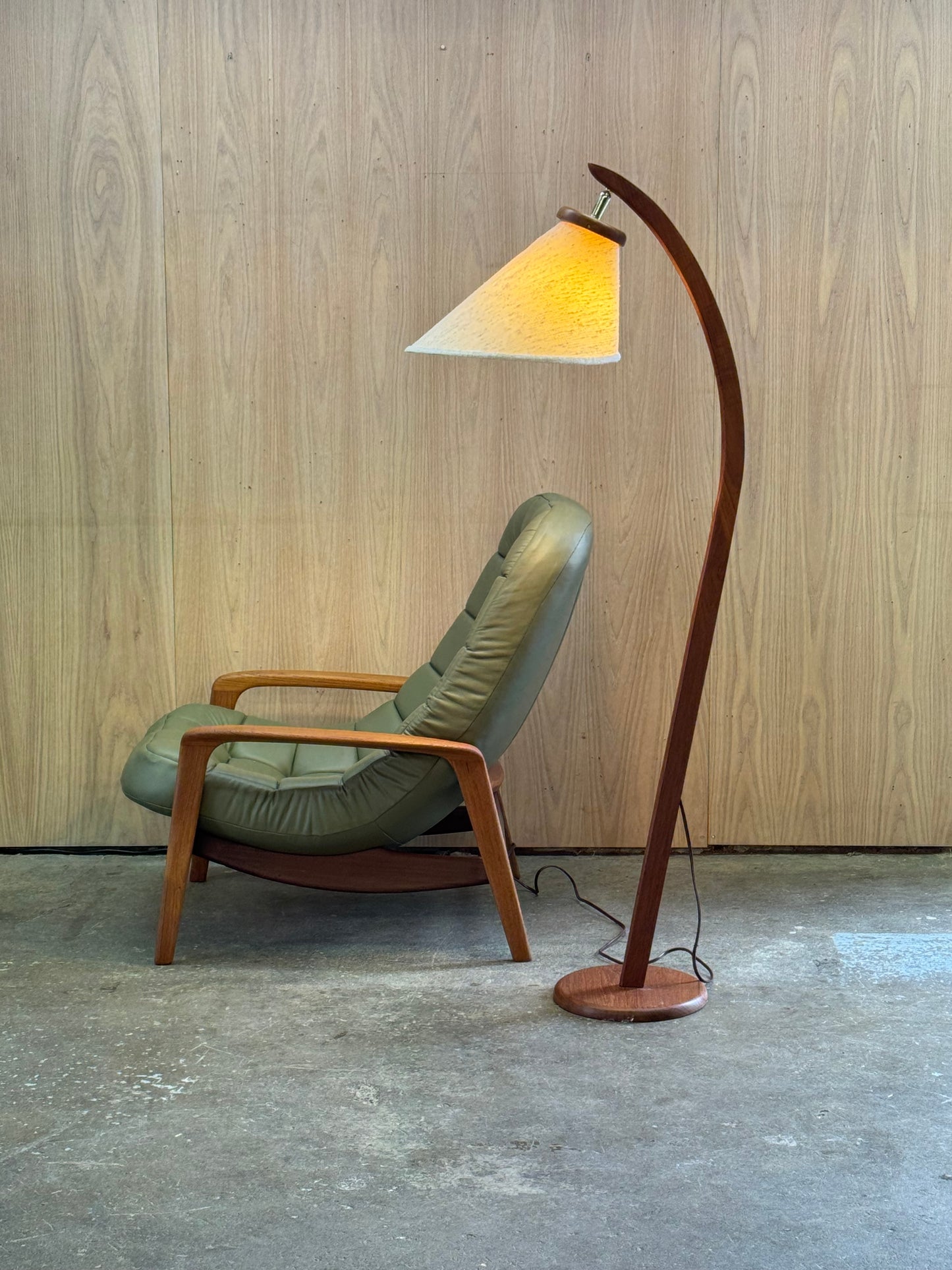 1960s Arc Floor Lamp in teak and fabric shade