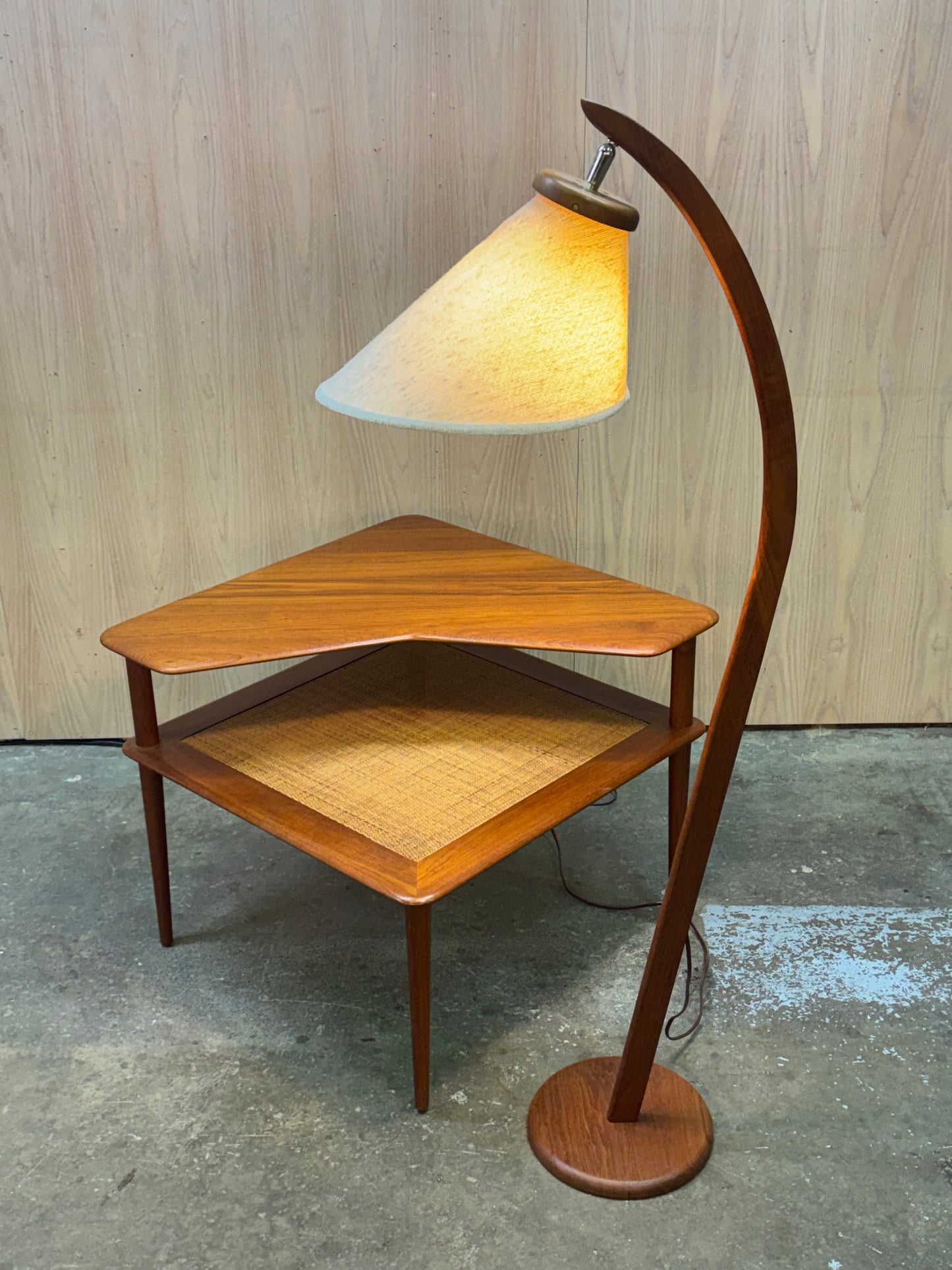 1960s Arc Floor Lamp in teak and fabric shade