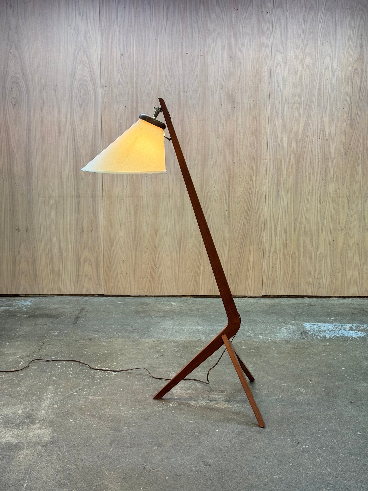 1960s Boomerang Floor Lamp in teak and fabric shade