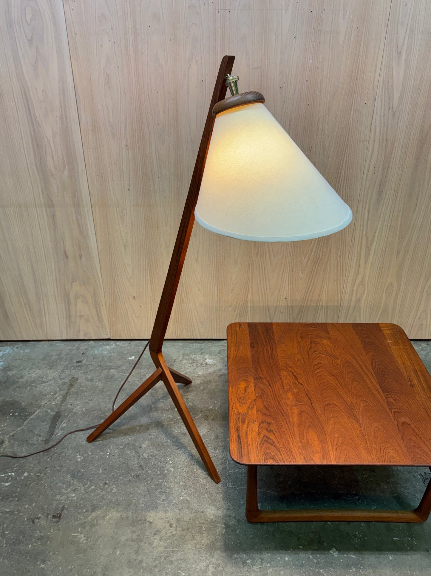 1960s Boomerang Floor Lamp in teak and fabric shade