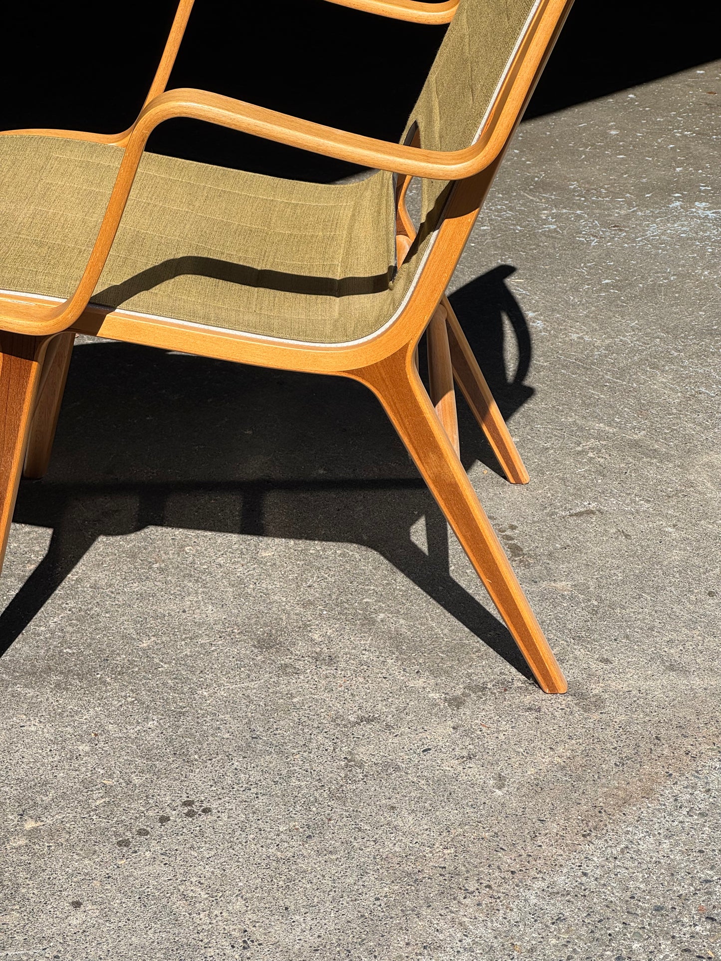 1960s AX Chair by Peter Hvidt and Orla Molgaard Nielsen for Fritz Hansen in beech, mahogany, and green fabric