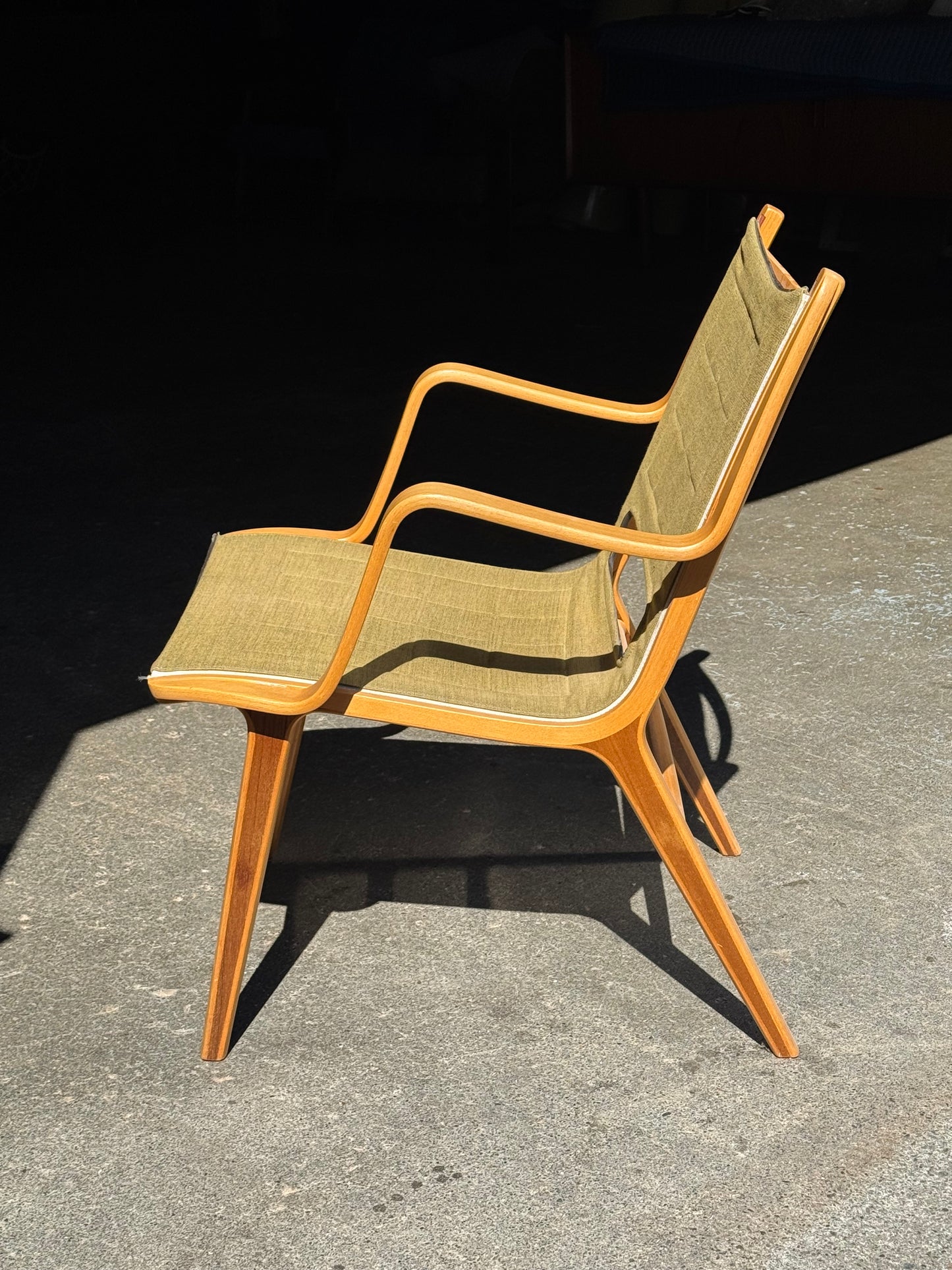 1960s AX Chair by Peter Hvidt and Orla Molgaard Nielsen for Fritz Hansen in beech, mahogany, and green fabric