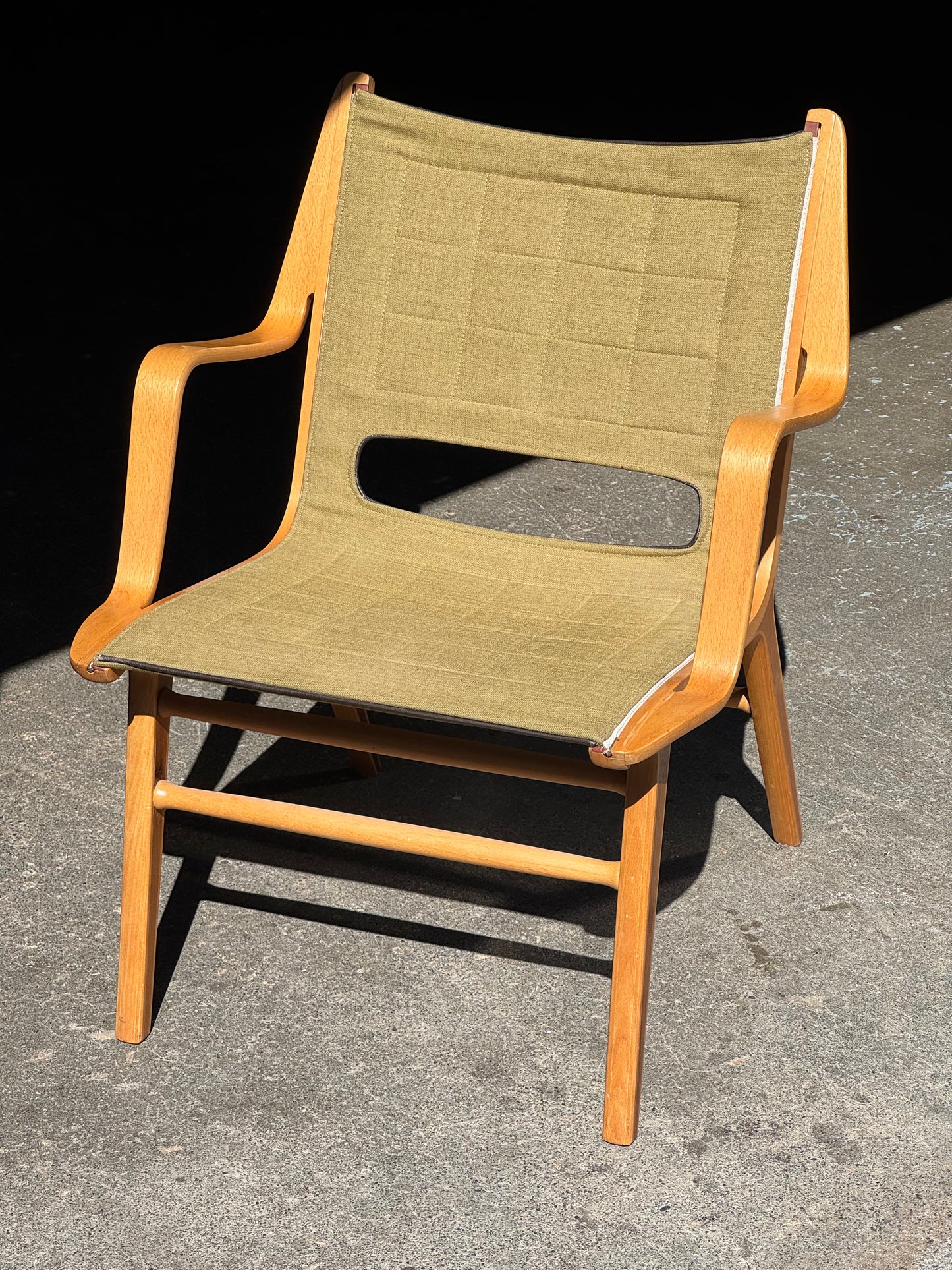 1960s AX Chair by Peter Hvidt and Orla Molgaard Nielsen for Fritz Hansen in beech, mahogany, and green fabric