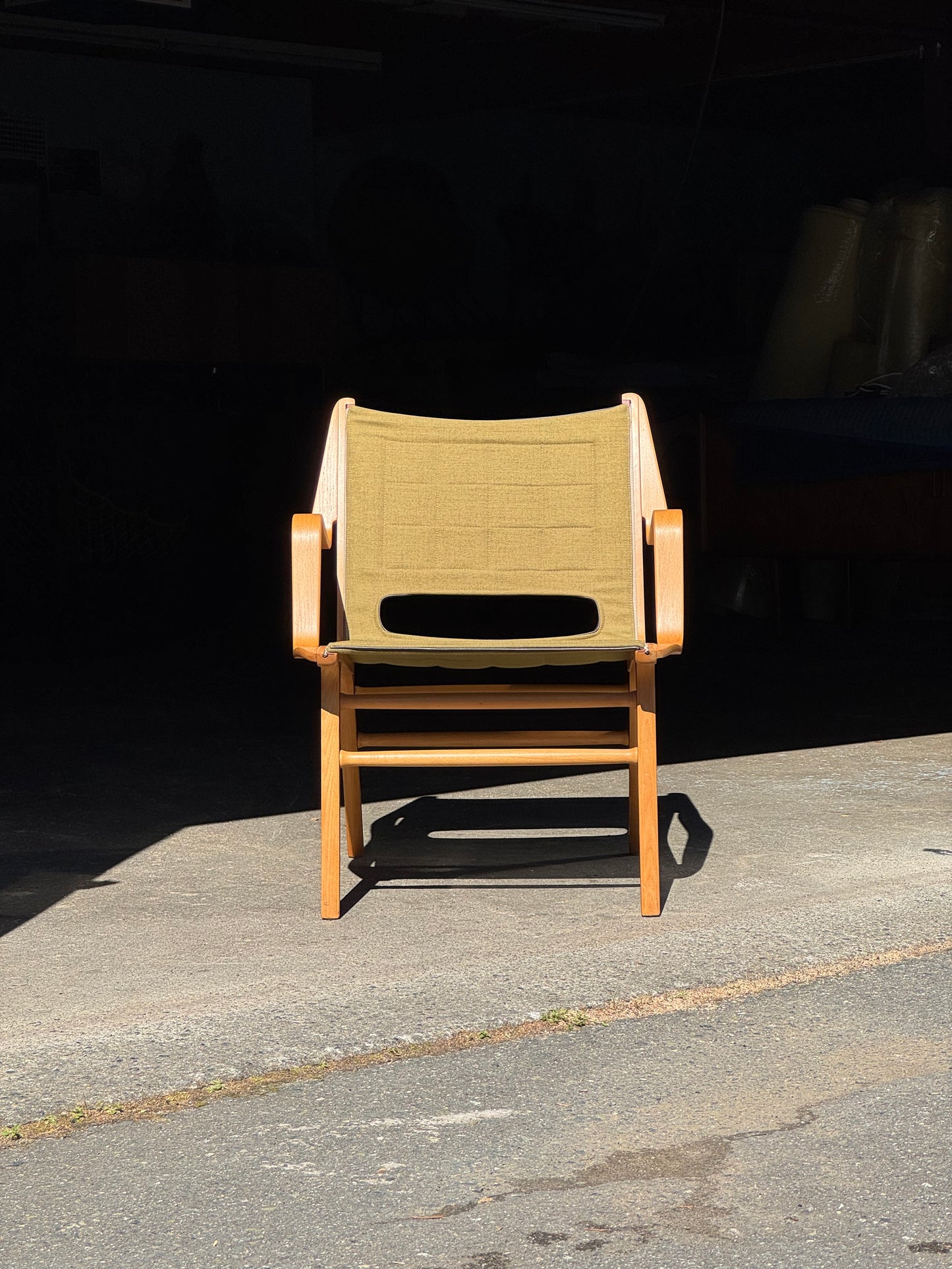 1960s AX Chair by Peter Hvidt and Orla Molgaard Nielsen for Fritz Hansen in beech, mahogany, and green fabric