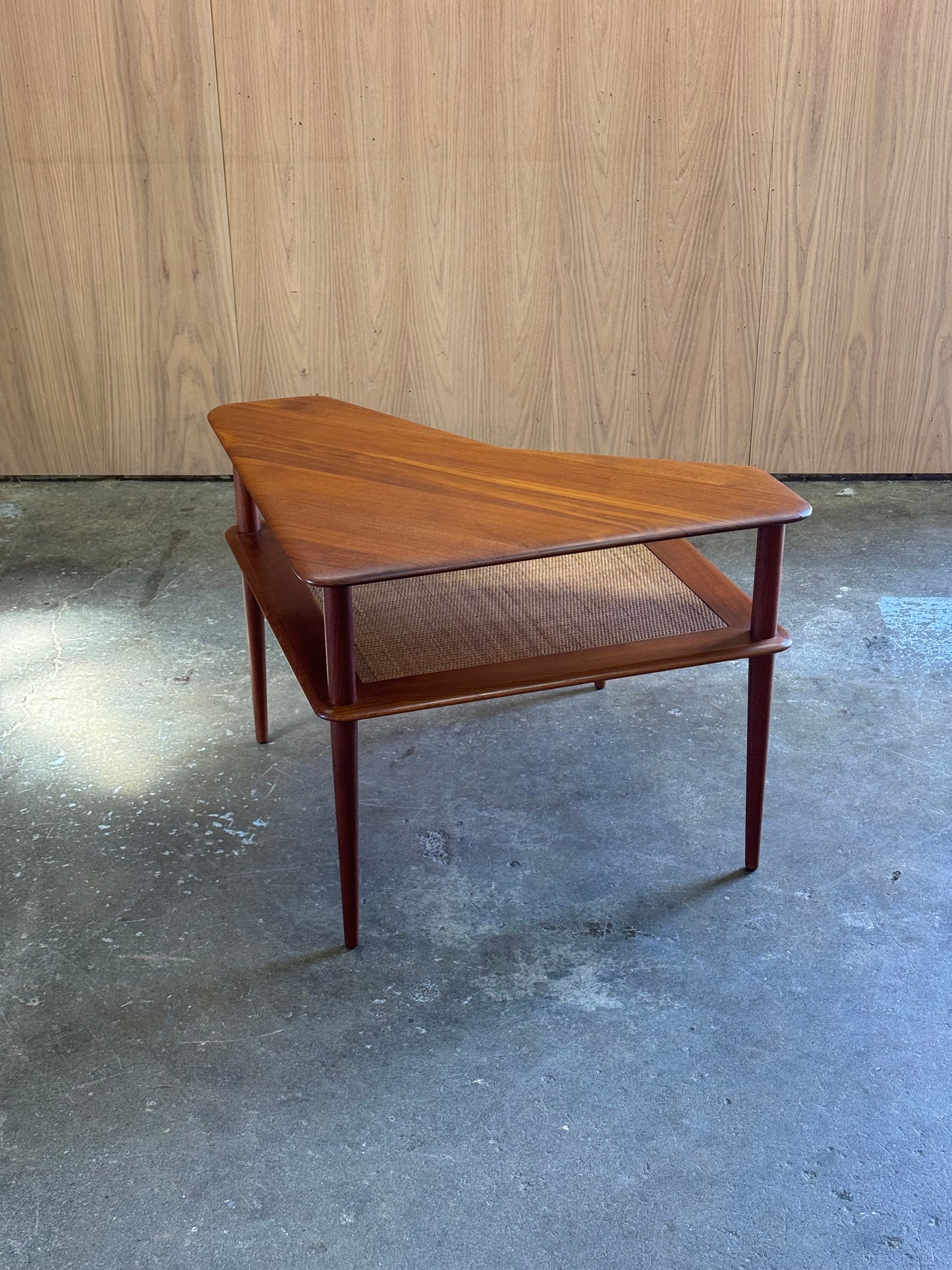 1960s Minerva 417 Abcc Corner Table by Peter Hvidt & Orla Molgaard Nielsen for France & Son in teak and rattan