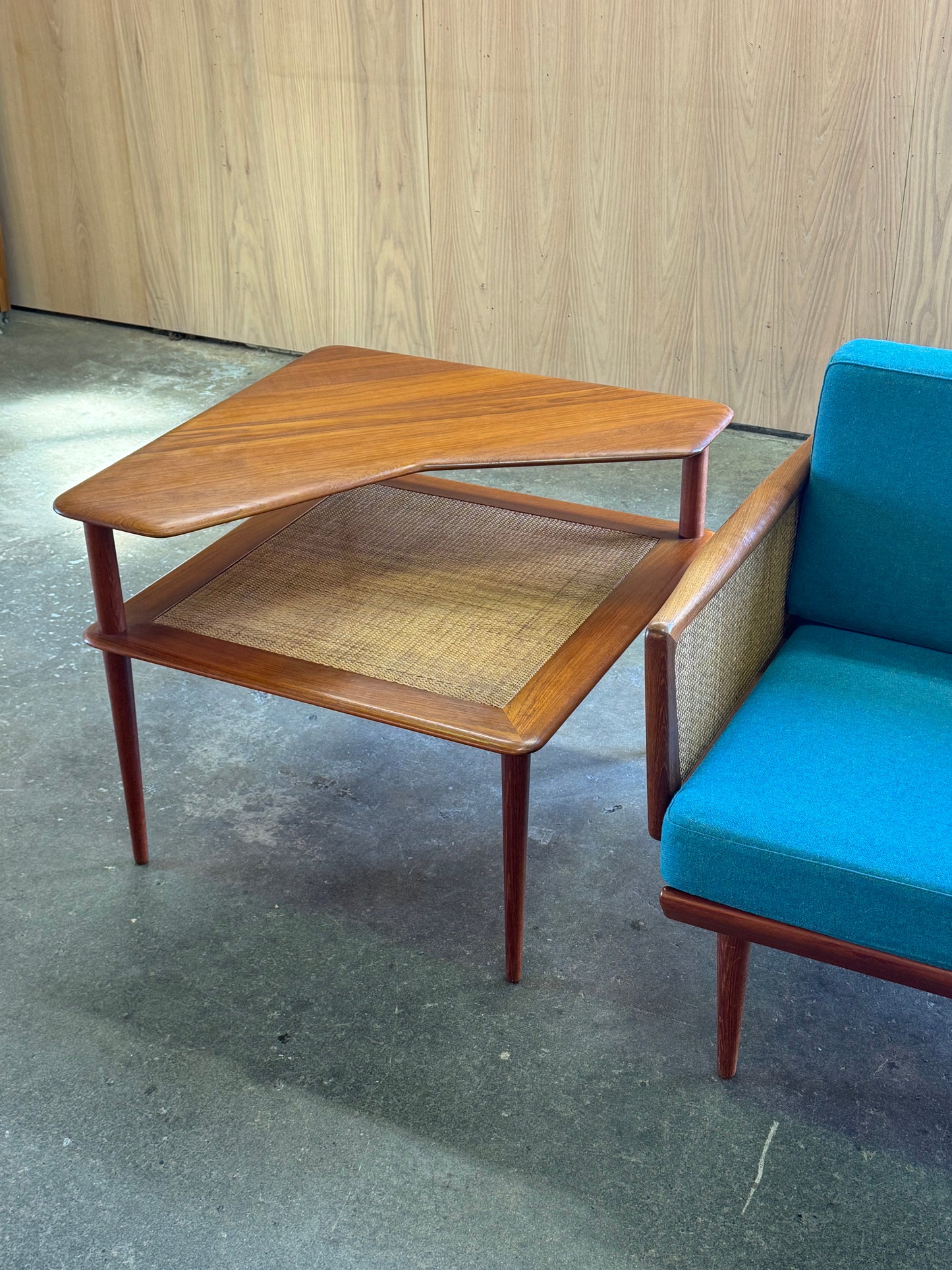 1960s Minerva 417 Abcc Corner Table by Peter Hvidt & Orla Molgaard Nielsen for France & Son in teak and rattan