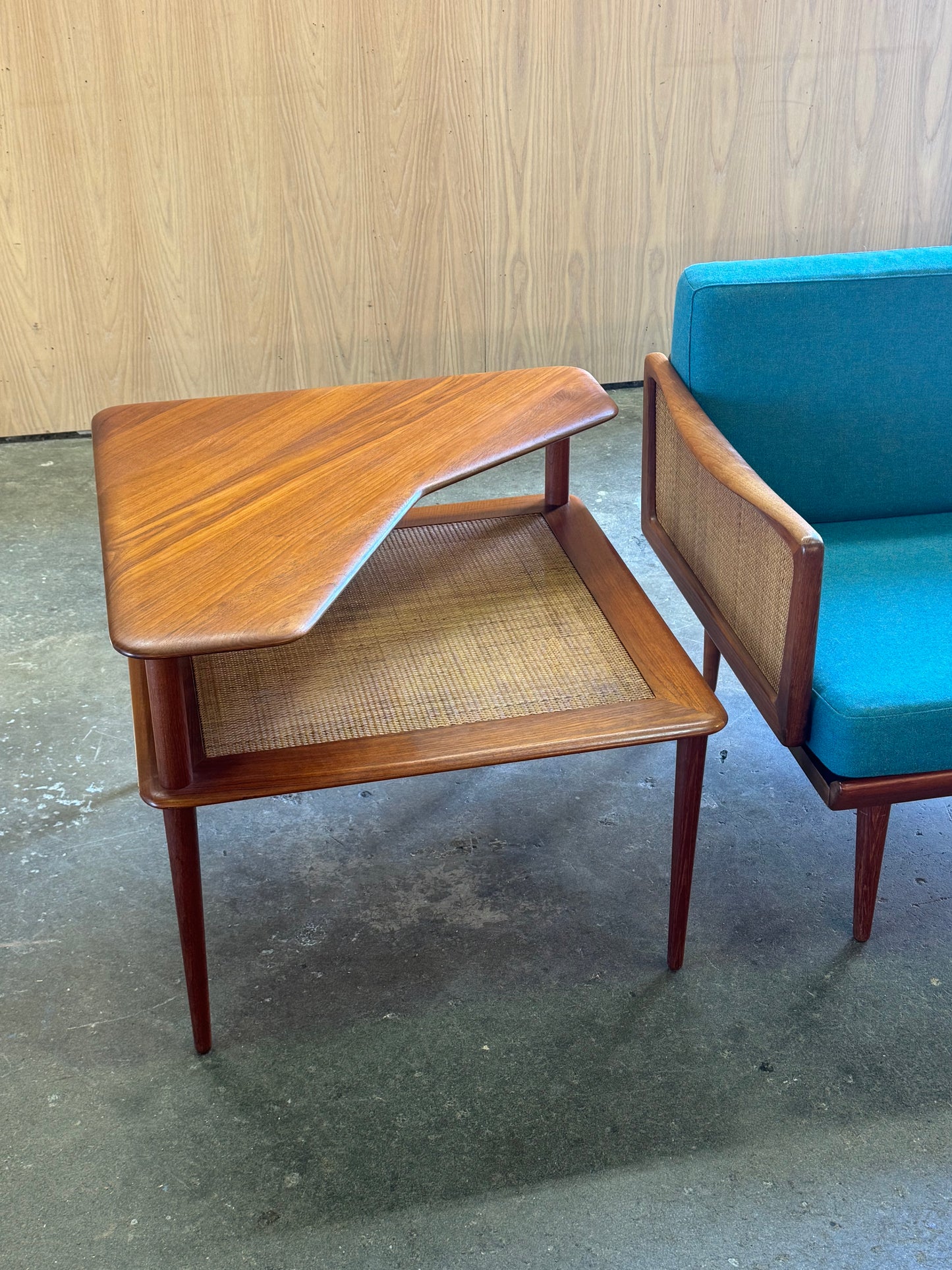 1960s Minerva 417 Abcc Corner Table by Peter Hvidt & Orla Molgaard Nielsen for France & Son in teak and rattan